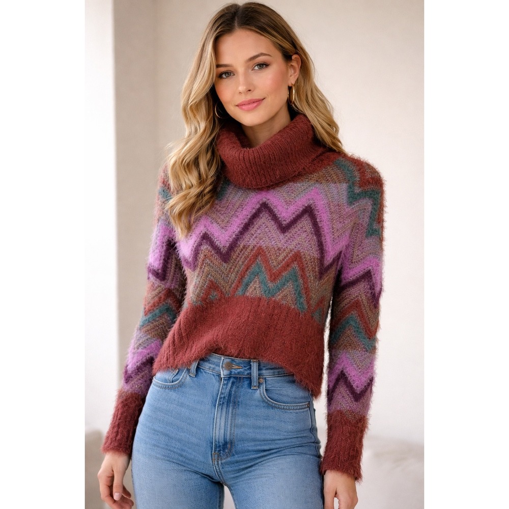 For Love & Lemons 90s Zigzag Cropped Sweater Women S Burgundy‎ Metallic Y2K Boho